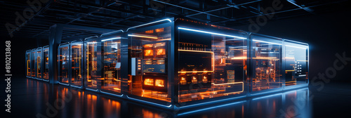 Futuristic Data Center With Illuminated Server Racks in a Dark Room Featuring Cutting-Edge Network Technology