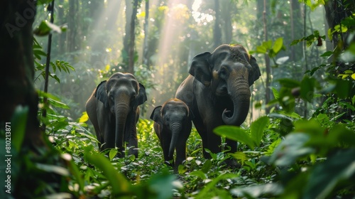 Captivating image of elephant herd with young calves in a natural dense green forest habitat