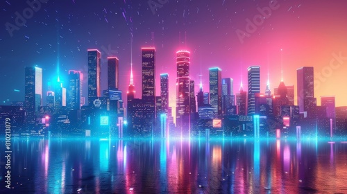 A vibrant neon-infused cityscape reflecting on calm waters, creating an ethereal urban night panorama