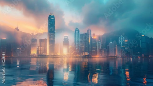Majestic view of Hong Kong's famous skyline bathed in warm sunset tones reflecting off serene waters photo