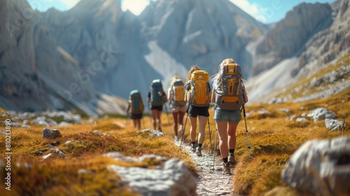 An outdoor adventure scene featuring a group of hikers with backpacks trekking a mountain trail