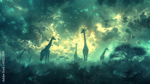 A surreal and artistic digital image of giraffes beneath a starry, cloud-filled sky