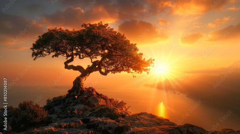 Majestic lone tree on a cliff overlooking the sea captures the spectacular sunset and the tranquility of nature