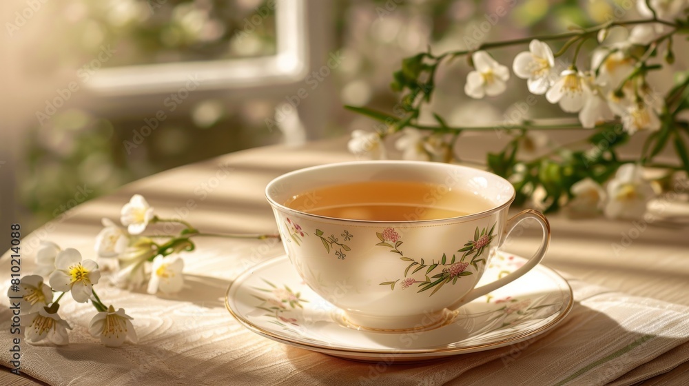A warm cup of tea paired with fresh jasmine on a table beside a sunny window, creating a cozy, homely vibe