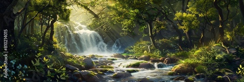 A mystical and serene forest illustration with a glistening waterfall and rays of sunlight