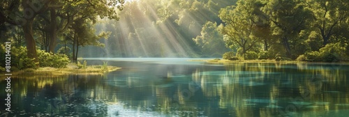 A picturesque digital illustration of a calm lake surrounded by a lush forest with sunlight filtering through photo
