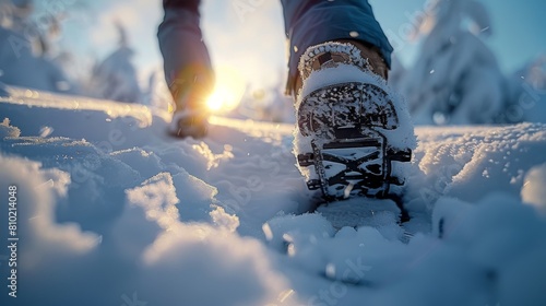 A close-up of snowshoes on a hiker's feet as they walk through freshly fallen snow with warm sunlight in the distance photo