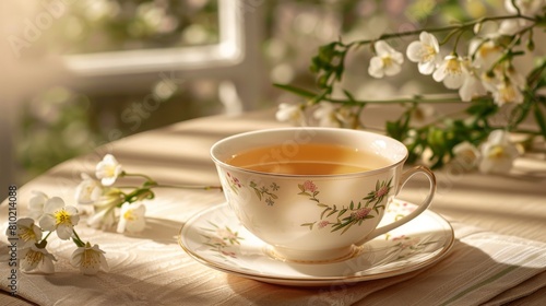 A warm cup of tea paired with fresh jasmine on a table beside a sunny window  creating a cozy  homely vibe