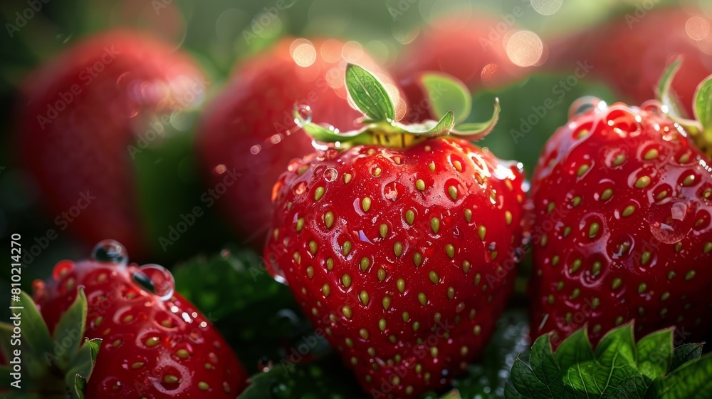 Close-up of ripe red strawberries with fresh water droplets, showcasing their vibrant color and freshness