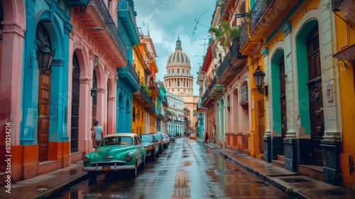 Rain-washed street in Havana lined with colorful buildings featuring a classic car and the iconic Capitol in the distance