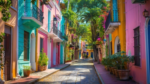 Charming alley with vibrant colored houses and cobblestone street  evoking a warm  welcoming atmosphere