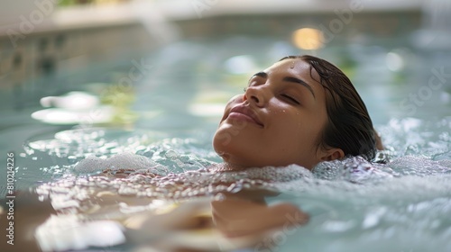 A serene moment capturing a person unwinding in a hot tub, with focus on the water's surface and relaxing bubbles