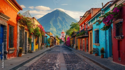 A vibrant colonial street with cobblestones and colorful houses, with an imposing volcano in the background photo