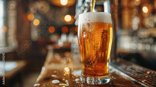 A detailed close-up shot of a frothy beer served in a tall glass at a bar
