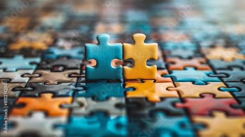 Two interlocking puzzle pieces on a multicolored puzzle background symbolizing connection photo