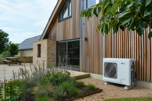 Air source heat pump installed in residential building. Heat waves during summer. Climate changes.