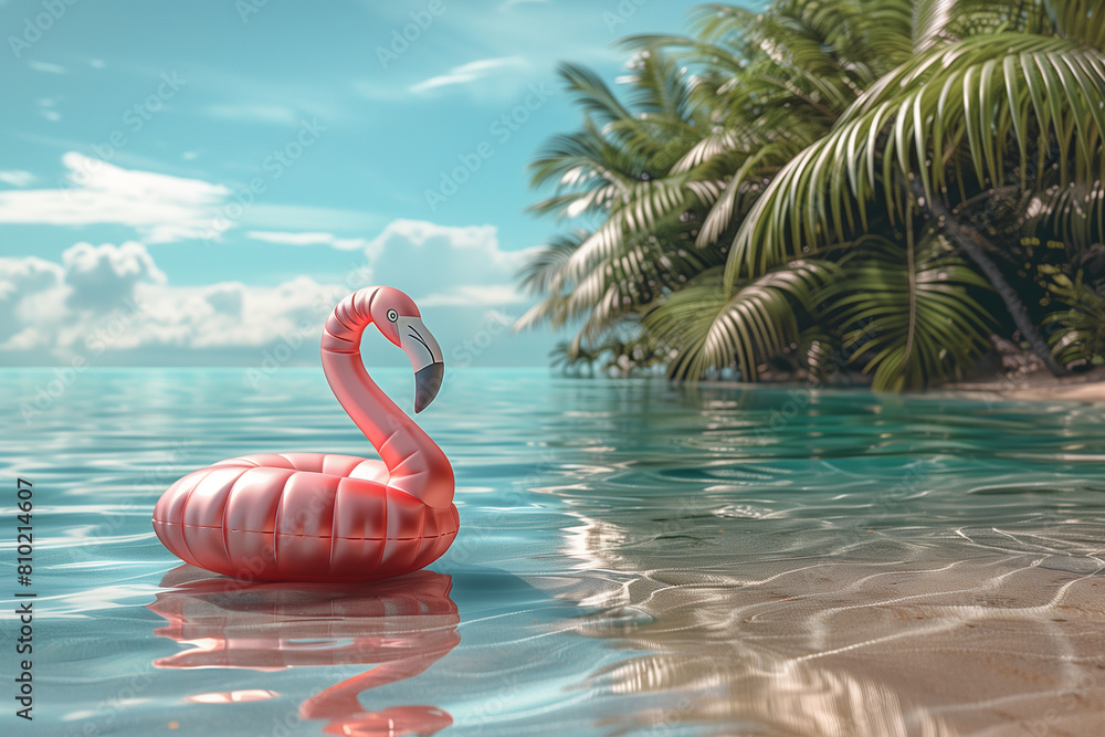 Vacation summer concept with inflatable flamingo in the sea or swimming pool, 3D render