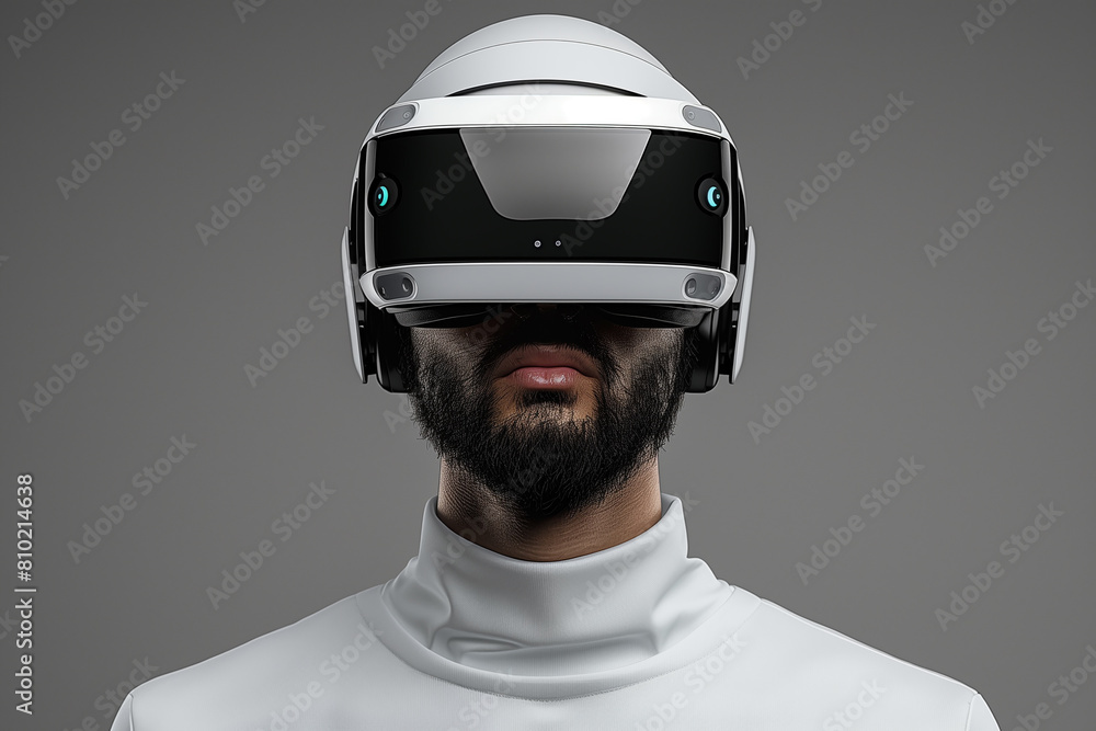 Shot of a man wearing a VR device, 3D render Shot of a man wearing a VR device, 3D render