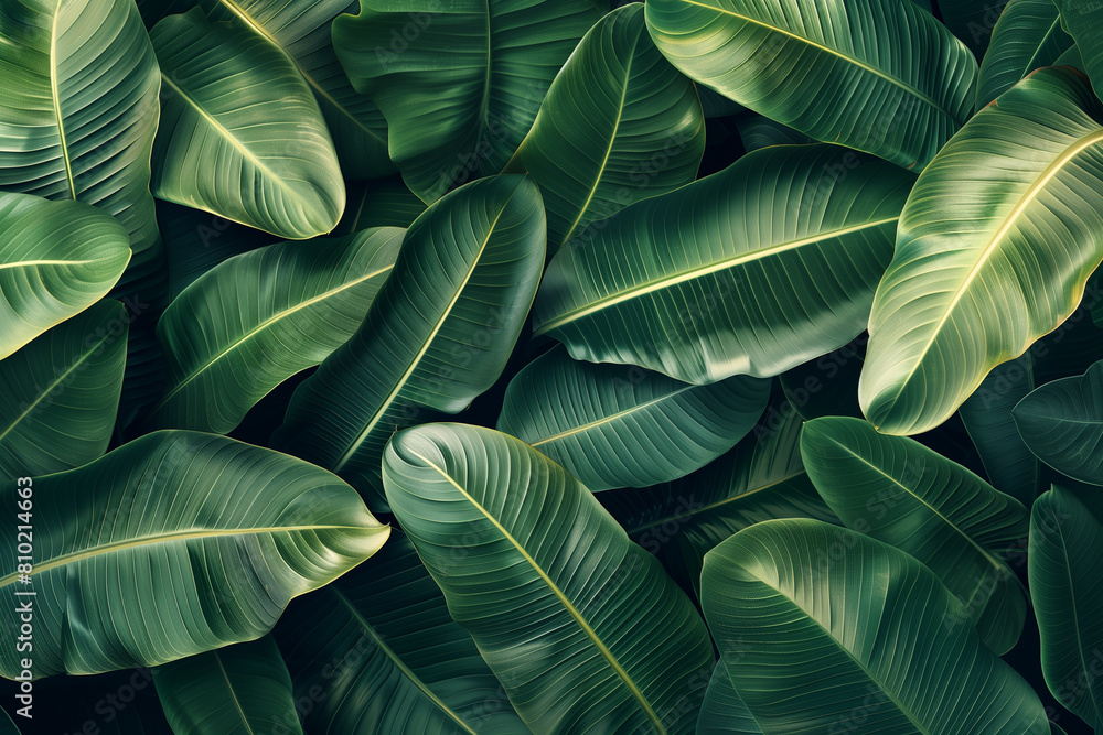 Obraz premium Pattern of tropical banana leaves, dark green background 