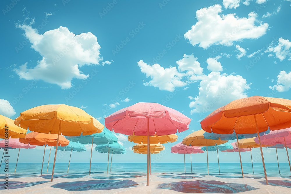 Colorful beach umbrellas against a blue summer sky, 3D rende