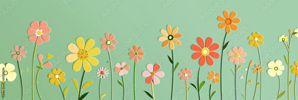 Fototapeta premium Different colorful flowers on green background.
