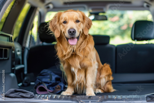 Golden retriever dog sitting in car trunk ready to travel.