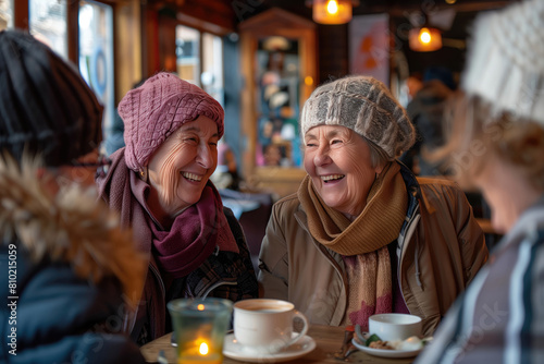 Cheerful senior female friends enjoying time together in restaurant or cafe. Going out with friends in elderly people.
