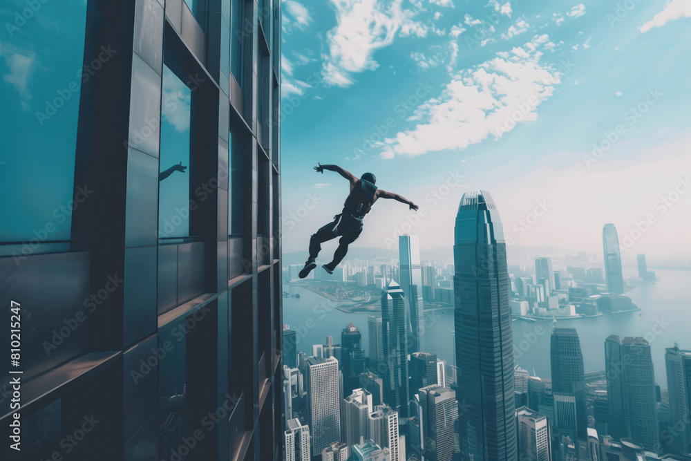 Man practicing base jumping from a city building. One of the most ...