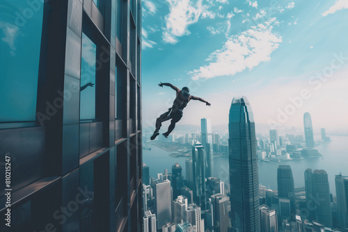 Man practicing base jumping from a city building. One of the most dangerous extreme sport. photo