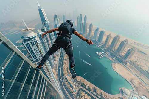 Man practicing base jumping from a city building. One of the most dangerous extreme sport.