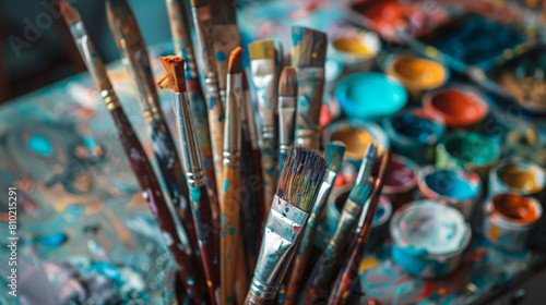 Paints with brushes of professional artist on table