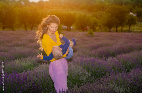 Mother and her baby in a lavender field
