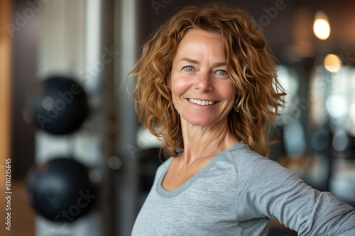 Smiling mature woman in gym. Middle aged woman in fitness center. photo