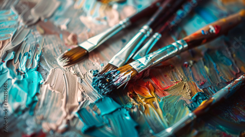 Palette knives with paint brushes in holder closeup