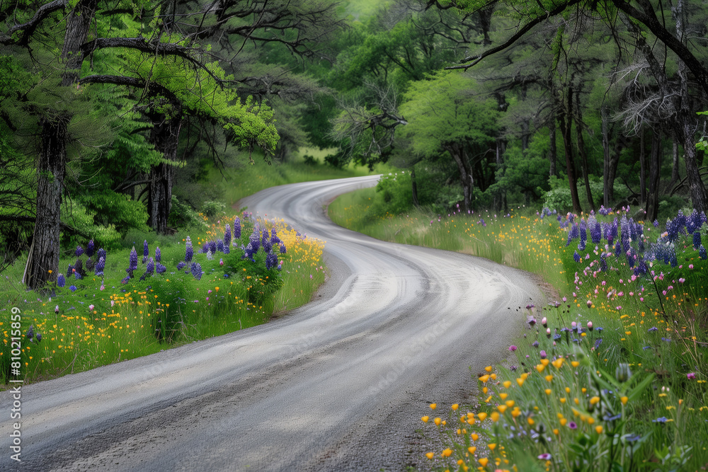 Fototapeta premium Winding gravel road through sunny green forest.