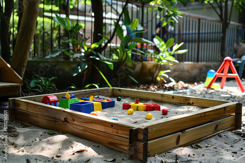 Sandbox outdoors on a summer day. Children's wooden sandpit with various toys for the game.