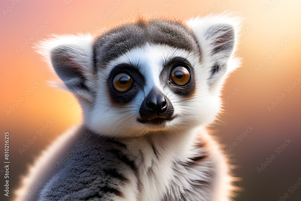 Little cute lemur on a tree in the sunset light Little cute lemur on a tree in the sunset light