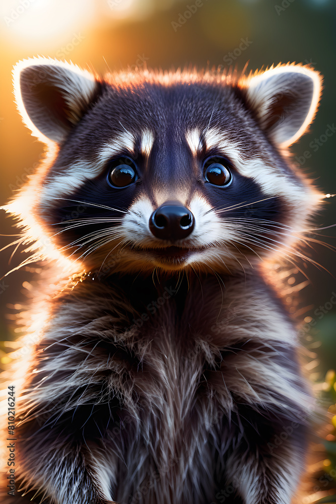 Little cute raccoon on a tree in backlight