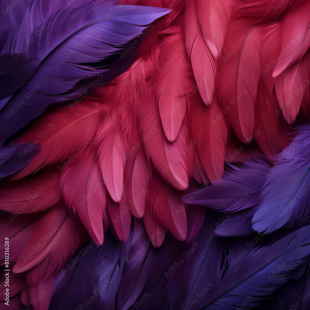 Obraz premium Bright feather background in purple and red colors. Top view, flat lay. Macro feathers of tropical birds. Beautiful pattern for banner, poster, print with copy space. 