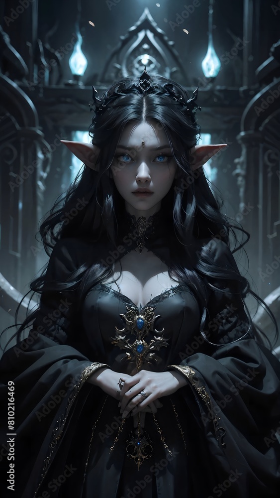 Malevolent elf sorcerer with flowing black wavy locks fantasy art concept Malevolent elf sorcerer with flowing black wavy locks fantasy art concept