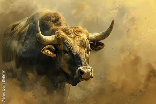 majestic bull, exuding strength and vitality amidst the dust of battlefield