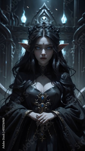Malevolent elf sorcerer with flowing black wavy locks fantasy art concept