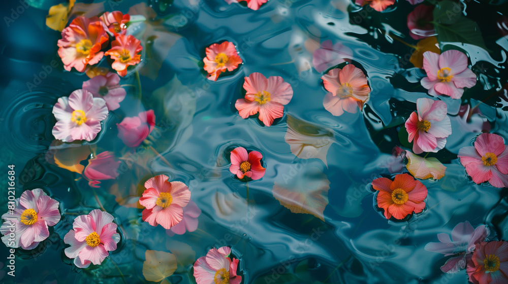 Colorful flowers close up on the surface of the water Colorful flowers close up on the surface of the water