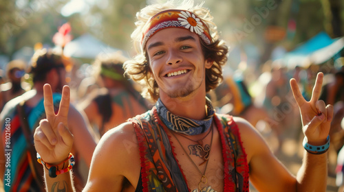 Young man enjoy a music festival in unique boho gypsy style outfit