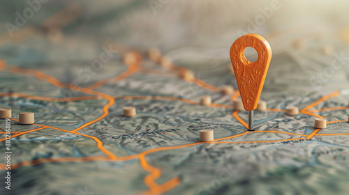 A yellow-headed pin marks a location on a map, representing a GPS application with physical objects, map-headed pin