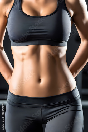 female flat athletic belly with abs in black sportswear on gym background