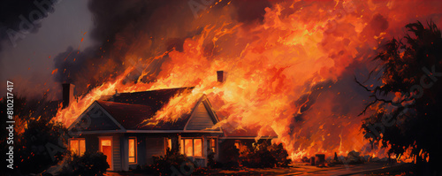 A photograph of a burning house at night, with flames illuminating the surroundings and casting ominous shadows. photo