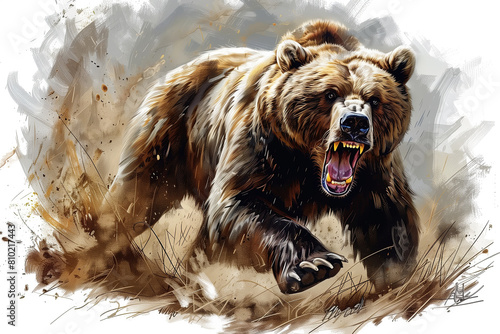 angry grizzly bear charging, sharp teeth and powerful stance 
