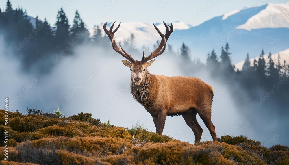 red deer stag in the mist