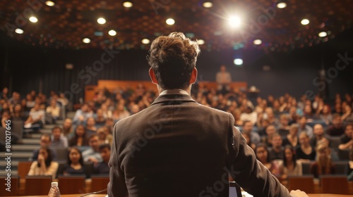 A person seen from behind is addressing a large audience in a conference or lecture hall setting photo